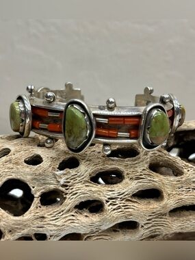 Sterling Silver Cuff Bracelet Coral Turquoise AZ Navajo Darrell Jumbo